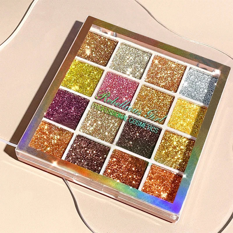 16 Colors Glitter Eyeshadow Palette Shimmer Multicolor Golden Color Sparkle Sequin Finish Body Face Makeup Stage Party Makeup